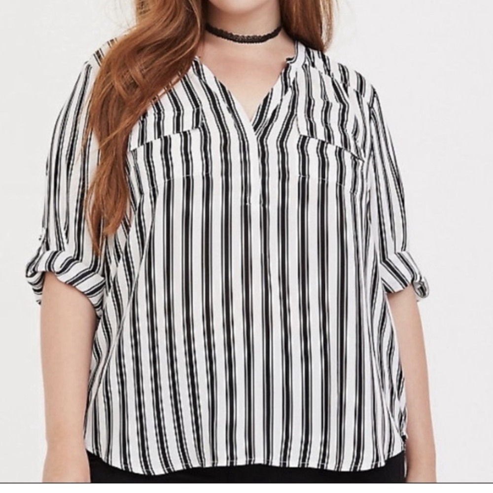 Torrid Harper Black White Striped Georgette Pullover 3/4 Sleeve Blouse 4X Office